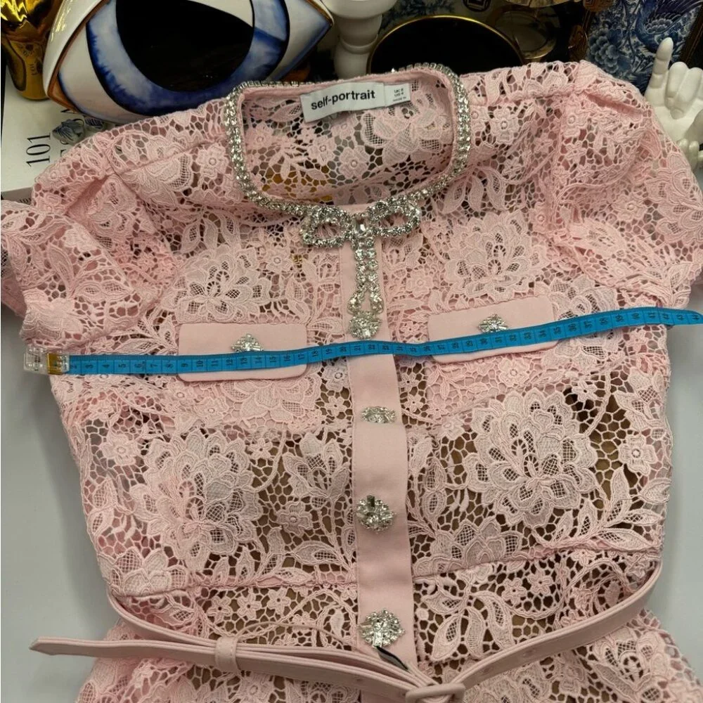 🆕 SELF-PORTRAIT 🧿 BNWOT Pink Lace Diamante Bow Midi Dress, Sz US 4 / UK 8 - Picture 13 of 16